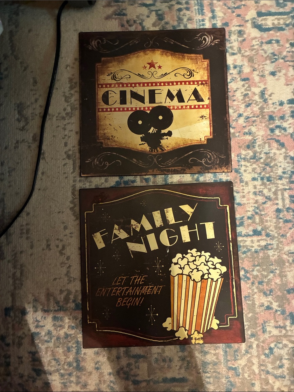Cinema & Family Night Retro Wall Art Gold, Brown, Black-Set of Two Metal Signs